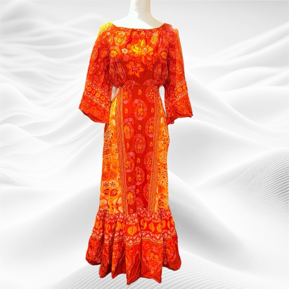 Farm Rio‎ Anthro Medium Handkerchief Orange Red Cut Out Bell Sleeve MIDI